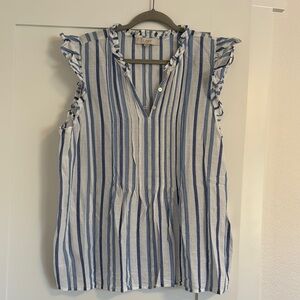 LOFT White and Blue Ruffled Sleeveless Blouse